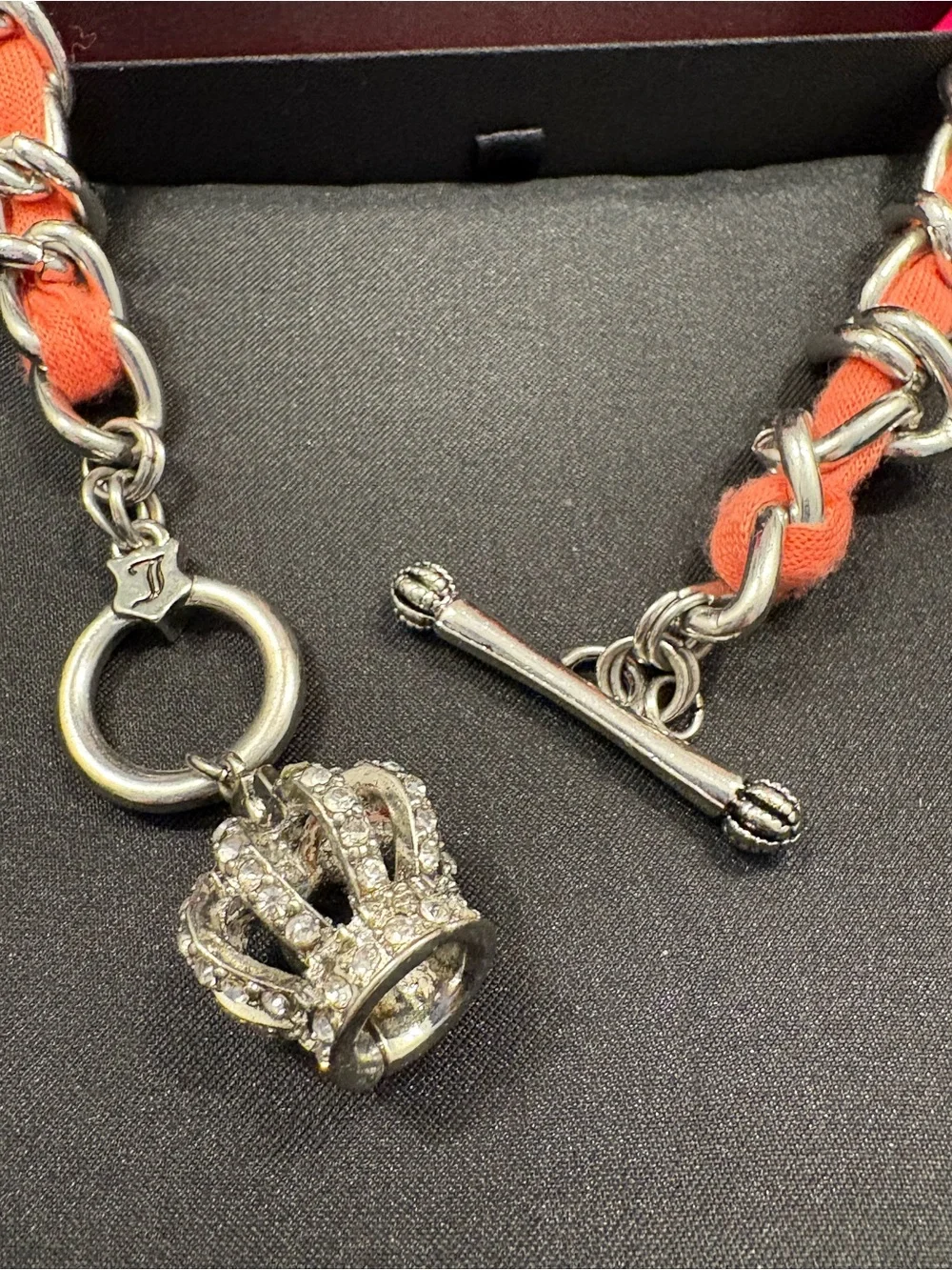Juicy Couture Coral-Orange Chain-Link Necklace with Crystal Crown Charm